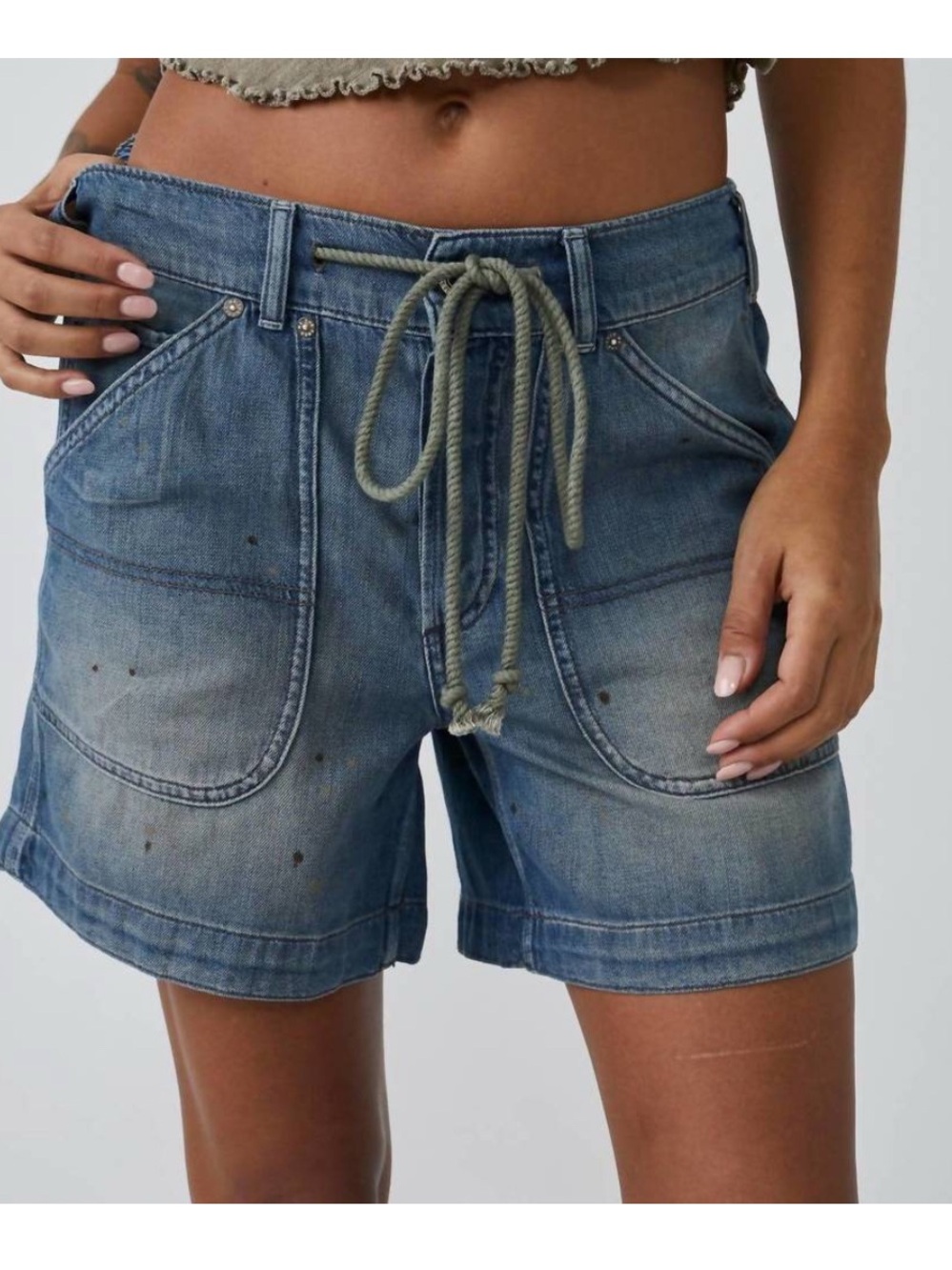 Free People Washed Blue Denim Drawstring Utility Shorts